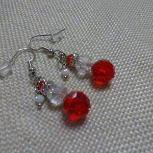Festive CRYSTAL SANTA Handmade Silver Dangle Earrings (1" Drop) #268C